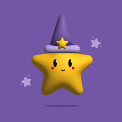 Cute cartoon style 3D rendering golden star character in wizard hat. Game character design. Good night card template for kids, children.
