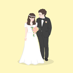 Bride in white dress and Groom  suit holding flower wedding ceremony invitation card vector couple characters on soft yellow background.