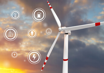 Ecological wind power plant. Windmill before sunset. Eco friendly power generator. Signs obtaining...
