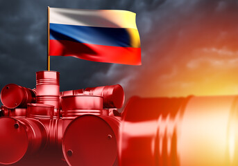 Oil from Russia with Russian flag. Concept of embargo on chemical or oil. Fallen barrels symbol sanctions. Barrels for crude oil in front of sky. Import chemicals from Russia. Art blurred. 3d image