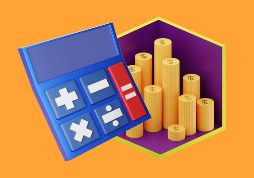 Financial calculator. Calculator and gold coins on orange. Concept of calculating profitability of deposit. Accumulation of funds on deposit. Business Profitability Calculator. 3d rendering.
