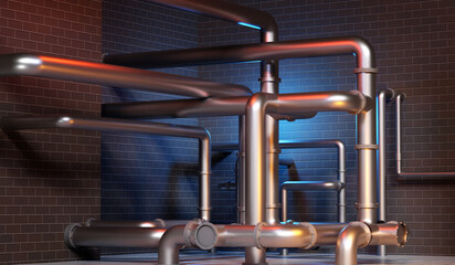 Boiler equipment. Boiler room with brick walls. Tangled steel pipes indoors. Boiler system of factory or plant. Metal pipes for hot water. Engineering room visualization. 3d rendering.