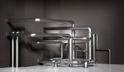 Background with pipes. Tangled pipes in front of brick wall. Brick wall with steel plumbing. Industrial background. Boiler room on industrial background. Industrial pipes indoors. 3d rendering.