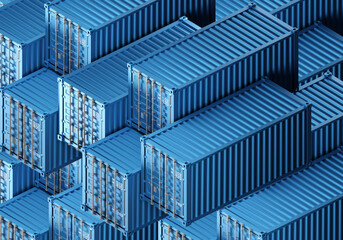 Warehouse of sea containers. Lots of closed shipping containers. 40 foot shipping containers. Background symbolizes freight transportation. Freight tare for storage and transportation. 3d image.