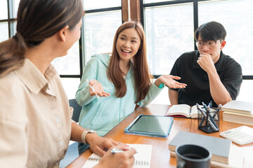 Fototapeta premium College education concept, Teenage girl confused and asking question about math lesson with tutor