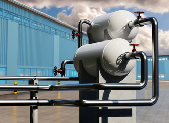 Pipes and tanks for fuel. Fuel equipment in Industrial area. Steel tanks and pipes in front of building. Supply of enterprise with fuel. Compressor station in open air. Art Blurred. 3d rendering.