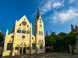 sunset moment of a church in the europe style street of nanshan district, shenzhen, china