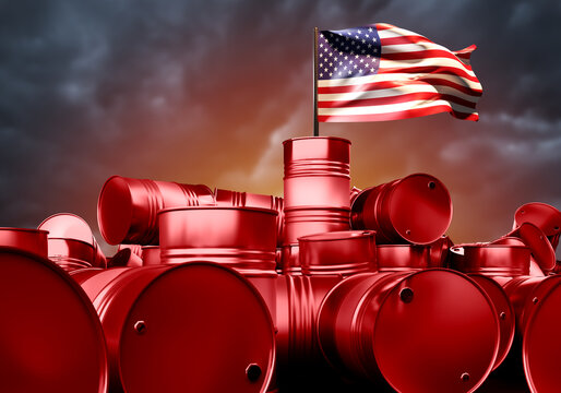 Empty oil barrels. USA flag against sky. Metaphor for fuel problems. Dump of barrels symbolizes lack of oil products. Fuel industry of United States of America. USA crude oil shortage. 3d rendering