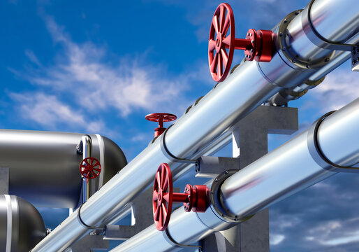 Pipes for gas supply on concrete supports. Gas equipment under blue sky. Concept supplying propane to factory. Supply of production with energy resources. Gas pipes with tanks and valves. 3d image.