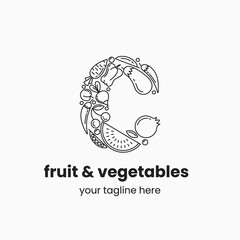 Letter C made of fruit and vegetables. Organic food logo concept. Stock vector illustration.