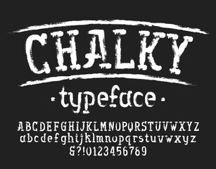 Chalky alphabet font. Hand drawn serif letters, numbers and symbols. Uppercase and lowercase. Stock vector typescript for your design.