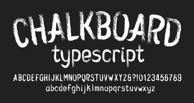 Chalkboard alphabet font. Hand drawn letters, numbers and symbols. Uppercase and lowercase. Stock vector typescript for your design.