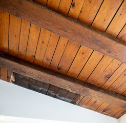 Wooden Ceiling Design Architecture. Wooden Beams Rafters Girders. Wooden Columns. Ceiling Frame. Logs