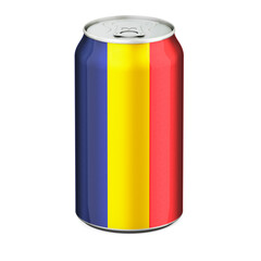 Romanian flag painted on the drink metallic can. 3D rendering