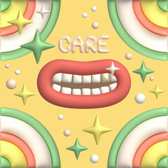 set of teeth, oral care 3d cartoon, smiling with gold teeth, dental templates 