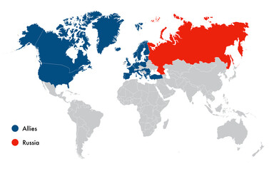 Fototapeta na wymiar World map of Russia and NATO allies including Sweden and Finland