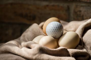 golf ball among chicken eggs