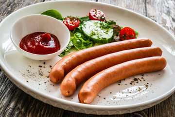Breakfast - boiled sausages, bread and fresh vegetables served on wooden table
