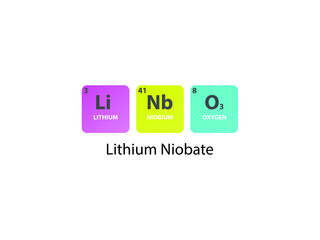 Fototapeta premium LiNbO3 Lithium Niobate molecule. Simple molecular formula consisting of Lithium, Niobium, Oxygen elements. Chemical compound simplified structure.