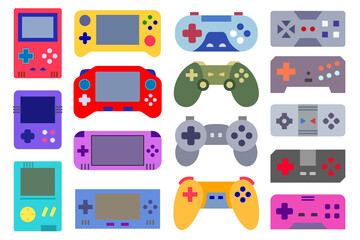 Video game gadgets set. Collection of colorful portable handheld video game consoles and wireless game controllers. Red, yellow, blue, purple flat illustrations, isolated on white background, © Gexam