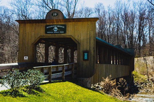 Ashtabula, Ohio, USA - 4-16-22:  The Riverview Covered Bridge in a local park