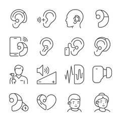 Hearing aid icons set. Volume booster for ears, for the deaf old and young. For better hearing, linear icon collection. Line with editable stroke - obrazy, fototapety, plakaty