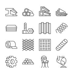 Metal products icons set. Fabrication of metal raw materials, parts, linear icon collection. T-beam, tube, channel, angle, hardware, bending, spring, mesh, metal bar, gear, casting. Line with editable - obrazy, fototapety, plakaty