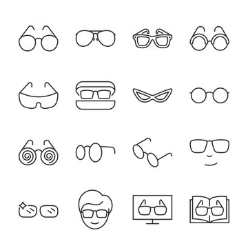 Glasses icons set. Eyewear of various shapes. For reading, accessory, sunglasses. linear icon collection. Line with editable stroke