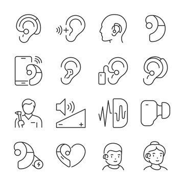 Hearing aid icons set. Volume booster for ears, for the deaf old and young. For better hearing, linear icon collection. Line with editable stroke