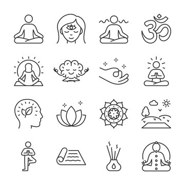 Meditation icons set. Preemptions for meditation, a technique for emotional and mental relaxation, linear icon collection. Line with editable stroke