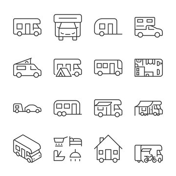 Motorhome Icons Set. Motor Homes On Wheels. Different Variants Of A Mobile Home With A Sleeping Place, Linear Icon Collection. Line With Editable Stroke