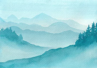 Fotobehang Watercolor illustration.  Mountains landscape with misty mountains.  © yulnniya
