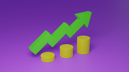 3D money coin stacks and green arrow up on purple background. coin stack growing business concept, 3d money render for finance, investment, money earning growth illustration concept