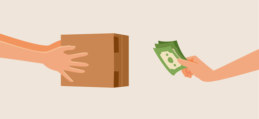 Deliveryman Giving Cardboard Box in Exchange of Cash Money Vector Cartoon - Buyer paying on delivery for internet order purchase

