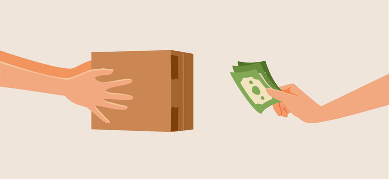 Deliveryman Giving Cardboard Box in Exchange of Cash Money Vector Cartoon - Buyer paying on delivery for internet order purchase

