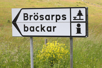 The Brosarps backar (Brosarps hills)  rest area by the road signpost located in the Swedish province of Scania.