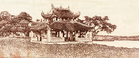 Vietnam Shrine by the lake Portrait from French Indo-China 5 Piastre 1942 Banknotes.