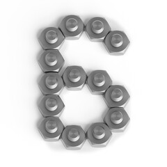 Number 6 made up of nuts and bolts. Industrial font or symbol. Six from shiny metallic nuts and bolts on white background. 3d render. 