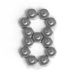 Number 8 made up of nuts and bolts. Industrial font or symbol. Eight from shiny metallic nuts and bolts on white background. 3d render. 