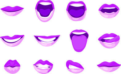 Set of woman's lips in different facial expressions including smiling, speaking, and licking.. Isolated vector illustrations.