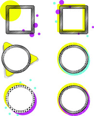 Six 80s-inspired geometric square and circle frames with neon blue, purple, and yellow coloring. Isolated vecotr illustrations.