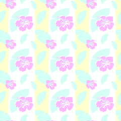 Pastel pink hibiscus flowers and blue palm leaves on a yellow and white striped background. Seamless repeating vector background.