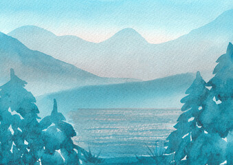 Watercolor illustration. 
Mountains landscape with misty mountains and river. 