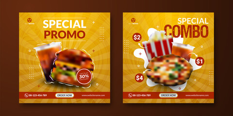 Combo meals Instagram posts template. Food social media background. Yellow background for banner advertising