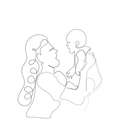 A Continue line of Mum Happy Mother and son playing together.Young Mum holding her cute baby in her arms.Smiling mum hug son on white backgrounds.Vector isolate flat design of Happy Mother's Day