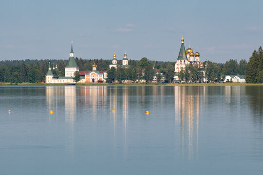 View of the Valdai Iversky Mother of God Svyatoozersky Monastery on a June afternoon. Novgorod region, Russia