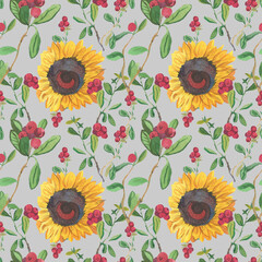 Fototapeta na wymiar Watercolor seamless pattern with yellow sunflowers and red lingonberries on gray background.Repeating,botanical,autumnal,textural hand painted print.Design for textiles,fabric,wrapping paper,printing.
