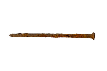 an old long rusty nail is isolated on a white background
