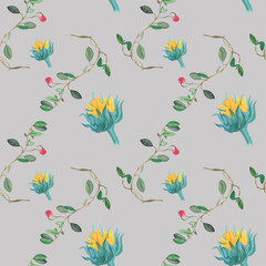 Watercolor seamless pattern with yellow sunflowers and red lingonberries on gray background.Repeating,botanical,autumnal,textural hand painted print.Design for textiles,fabric,wrapping paper,printing.