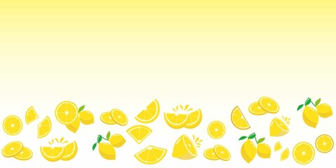 Fresh lemon fruits decoration background. Yellow lemon illustration banner. Vector illustration.